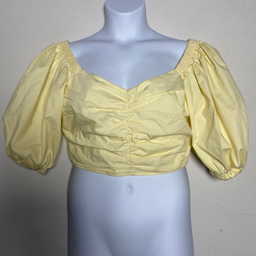 Abercrombie & Fitch Crop Top L Yellow Women Cottagecore Puff Sleeve Ruched Smock